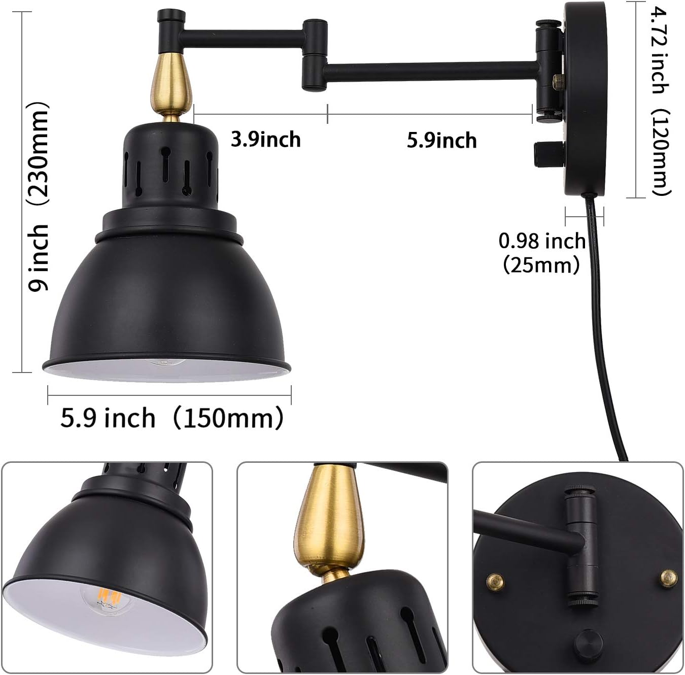 TRLIFE Dimmable Swing Arm Wall Lights with Plug in Cord Wall Mounted Light Industrial Wall Sconce , E26 Base, UL