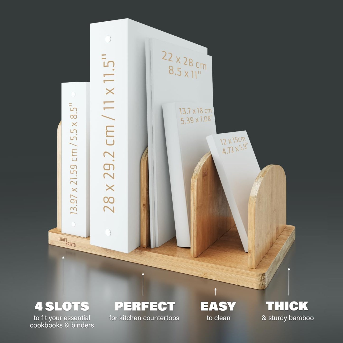 Cook Book Organizer, 4 Sections, Recipe Book Holder Rack, Tabletop Stand for Convenient Cookbook Storage, Vertical Cook