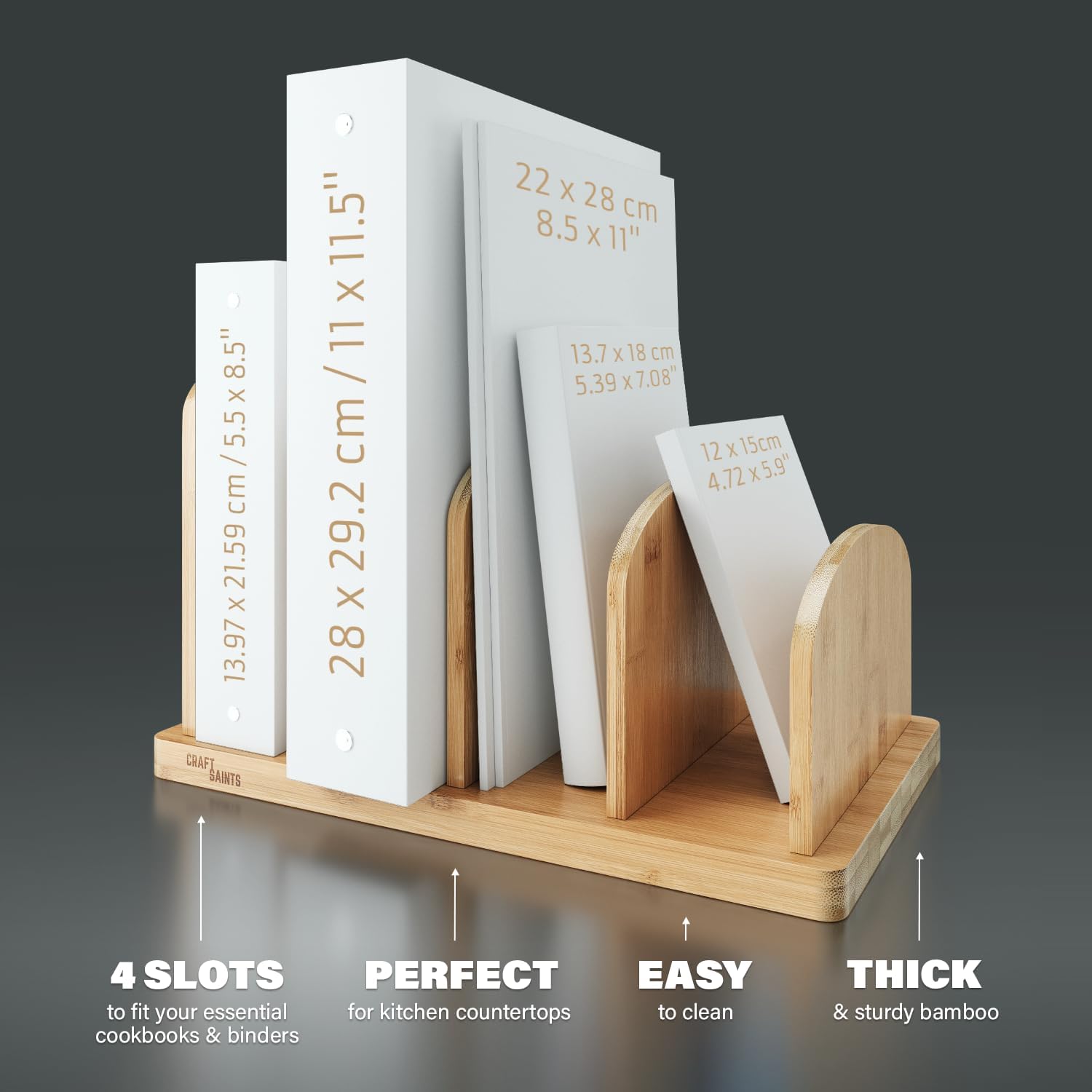 Cook Book Organizer, 4 Sections, Recipe Book Holder Rack, Tabletop Stand for Convenient Cookbook Storage, Vertical Cook