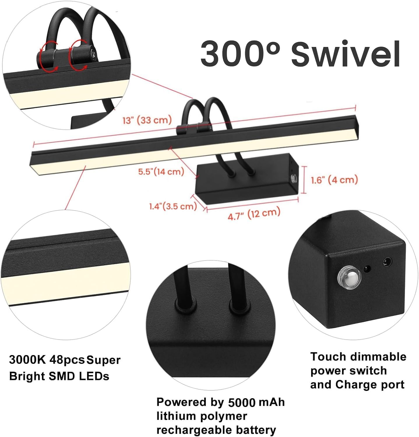 Rechargeable Picture Light with Remote, 13", Black | 5000mAh Battery Operated, 2 Colors Gallery Light, 280LM Dimmable
