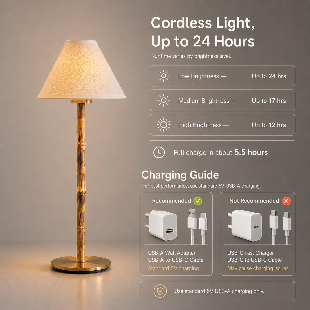 Bamboo Cordless LED Table Lamp – Rechargeable 24-Hour Battery, Dimmable Warm Light, Portable Wireless Lamp with Remote