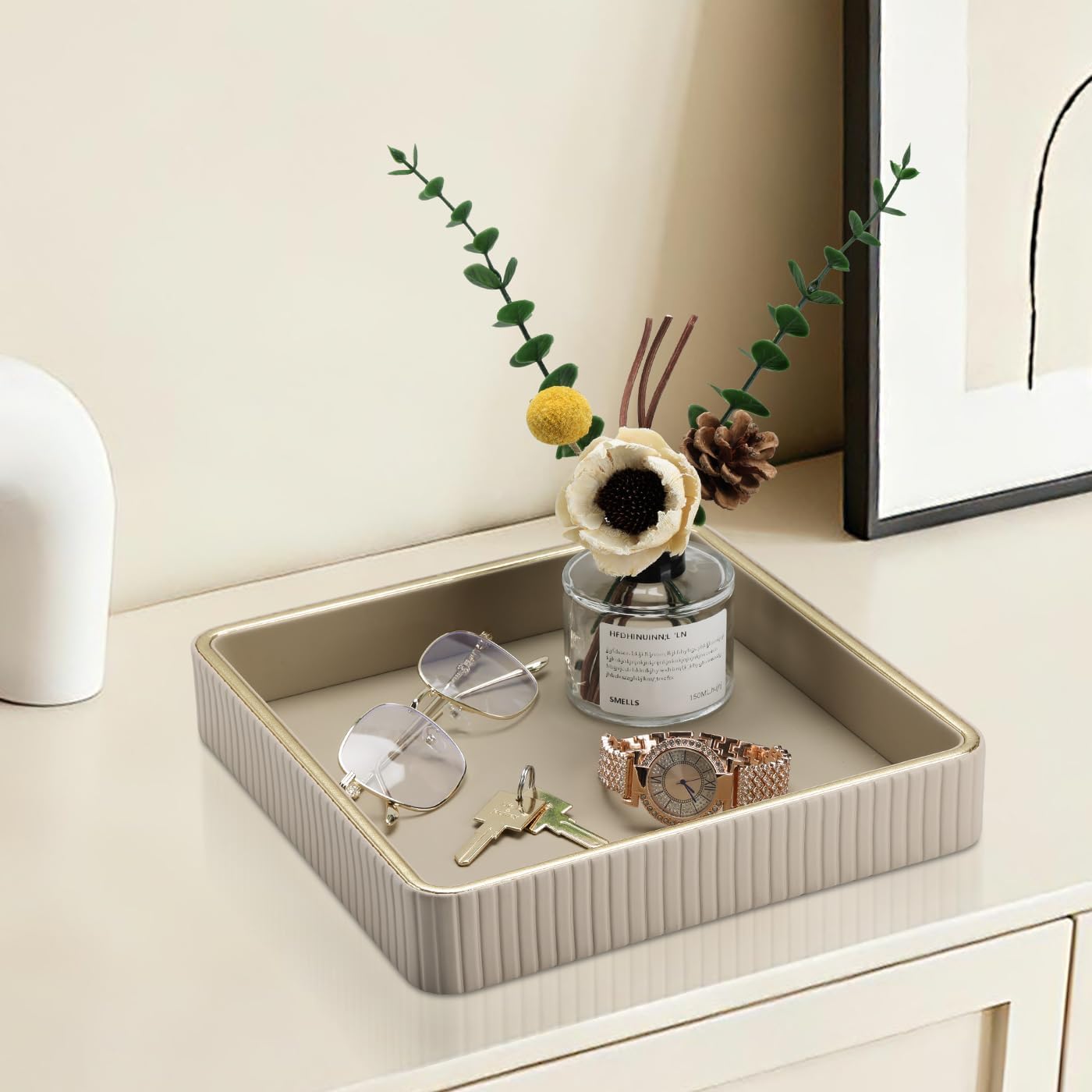 Square Perfume Tray Nightstand Organizer / Beige