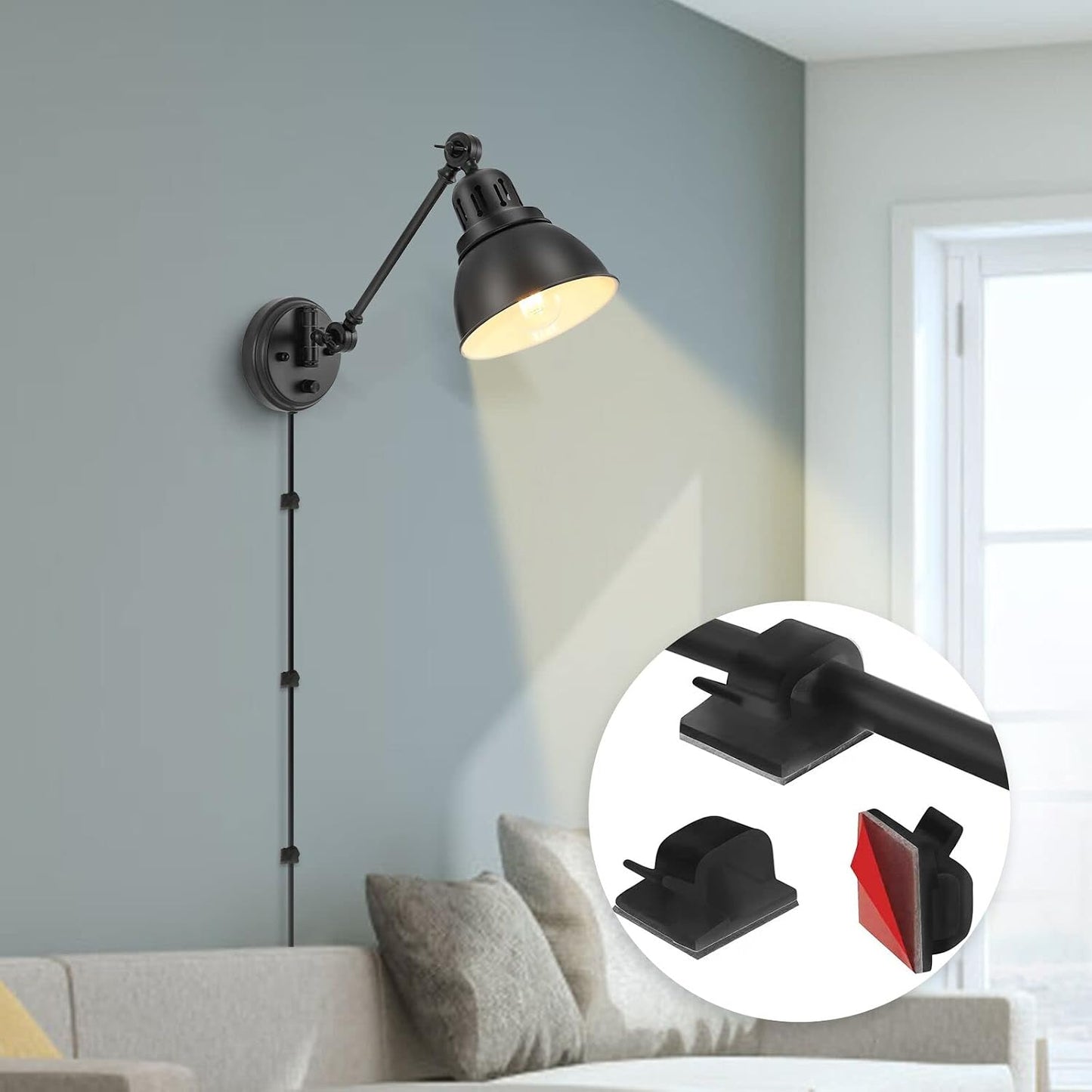 GOODATE Plug in Wall Sconces, Wall Sconce Lighting with Dimmable On Off Switch, Swing Arm Wall Lamp, Black Metal