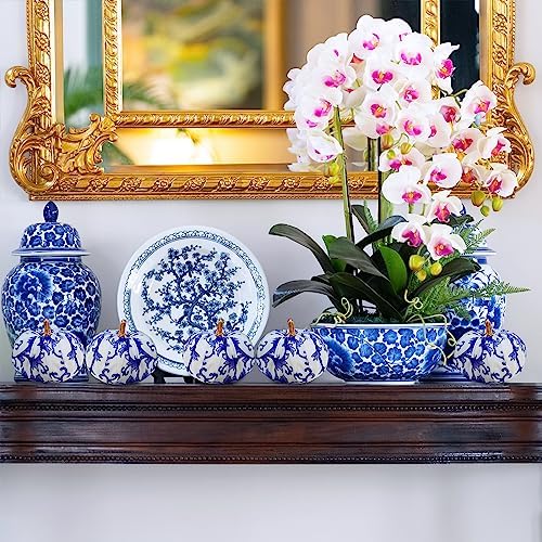 Winlyn 12 Pcs Small Fabric Decorative Blue and White Pumpkins Chinoiserie Chic Foam Pumpkins 3" for Gifts Fall Wedding Halloween Thanksgiving Table Centerpiece Mantel Farmhouse Décor
