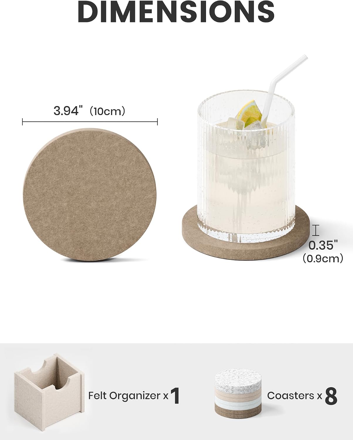 Holder / Felt Coasters for Drinks / Stone Beige / Round - 8 Count / Set of 8
