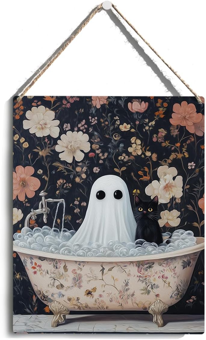 Funny Halloween Bathroom Decor, Cute Halloween Decorations Indoor, Spooky Halloween Wall Art Wooden Hanging Sign, Ghost Black Cat Farmhouse Wood Block Plaque Sign Decor for Home Shower Room Bathroom