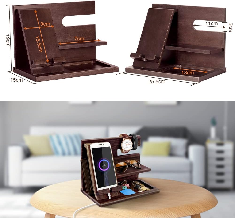 Gifts for Men Bedside Organiser Wood Phone Docking Station Dad Birthday Gifts for Him Nightstand Key Wallet Watch Stand