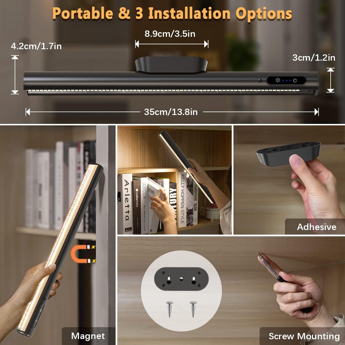 Hapfish Battery Powered Operated Wall Strip Lights, Rechargeable Magnetic LED Light Bar with Remote, Dimmable Desk