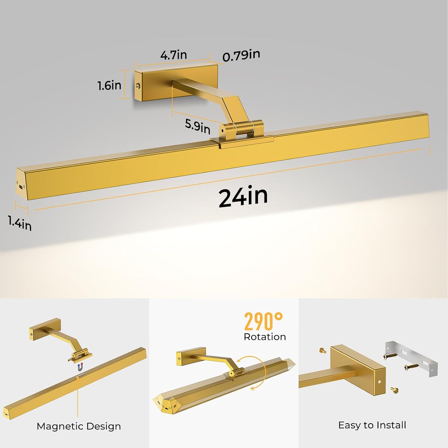 Picture Lights for Wall, Battery Operated Picture Light 24in Gallery Light for Paintings CCT Dimmable Recharging