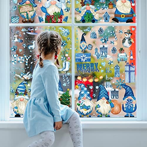 Whaline Christmas Winter Gnome Window Clings 9 Sheets Xmas Snowflakes Snowman Bedroom Decorations Double Printed PVC Stickers for Holiday Home Office Glass Mirror Winter Holiday Party Decoration