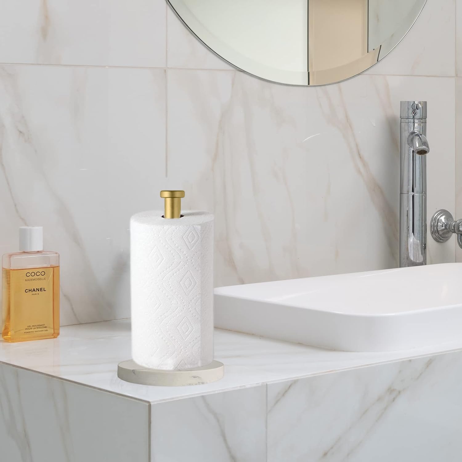 Paper Towel Holder Countertop, Standing Paper Towel Roll Holder for Kitchen Bathroom, with Weighted Marble Base for