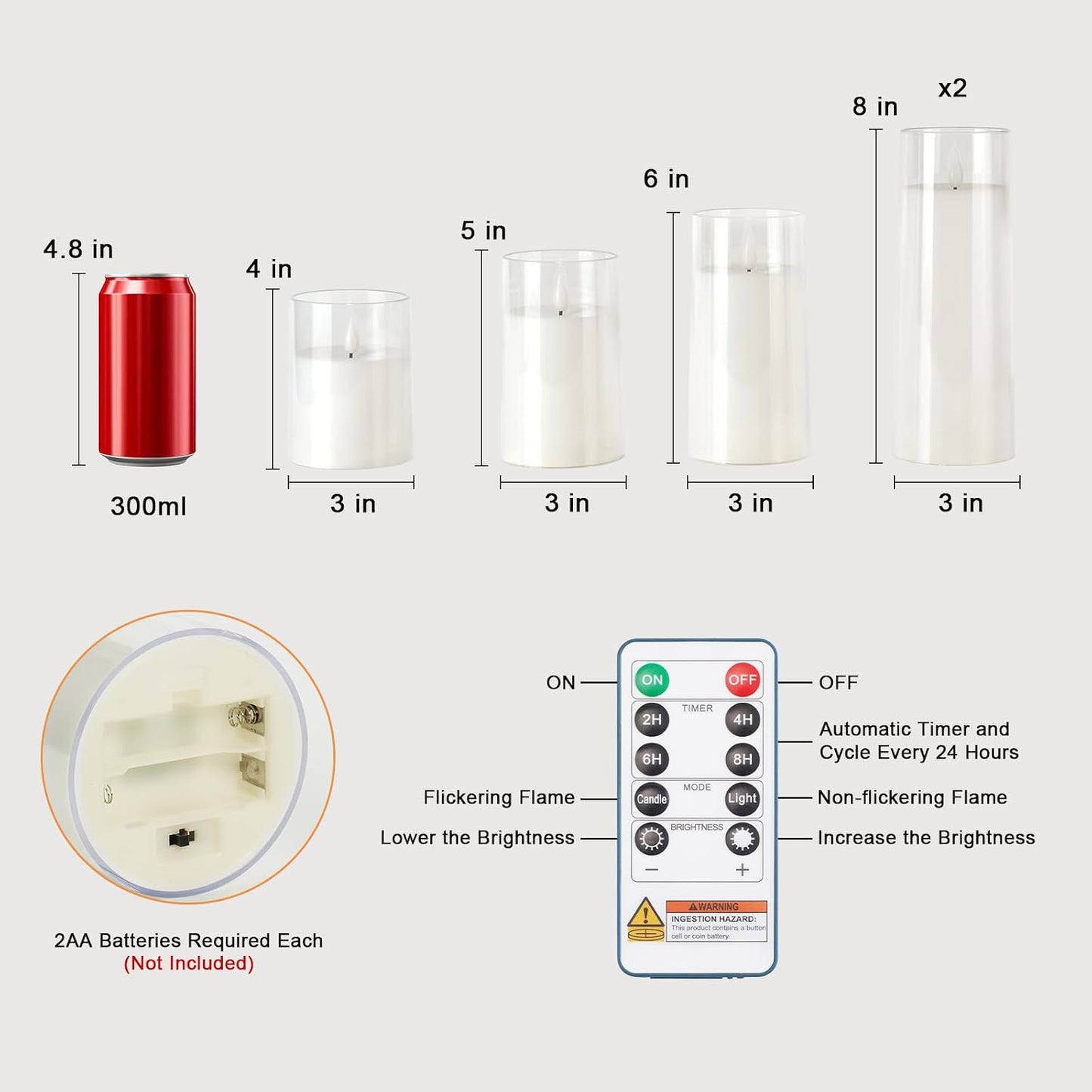 Raycare Flameless Candles Battery Operated with Remote Timer, Acrylic Flickering LED Pillar Candle for Valentine's Day