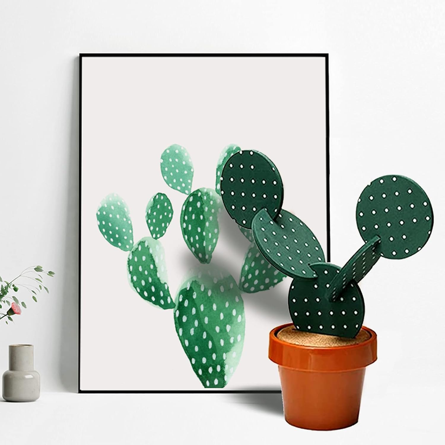 Flowerpot Holder / Cactus Coasters Set for Drinks / Green White Point / Set of 6