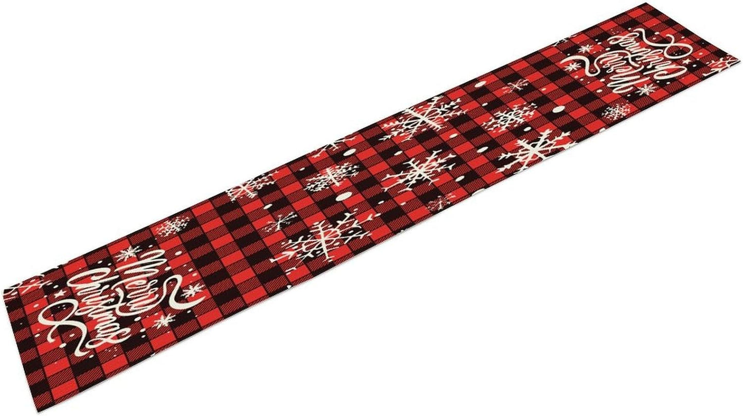 Xmas Linen Table Runner, Red and Black Buffalo Plaid Snowflake Merry Christmas Holiday Farmhouse Patterns Printed Linen