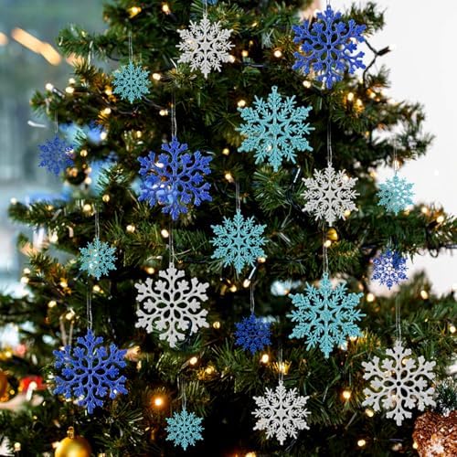 36pcs Blue Silver Christmas Snowflake Ornaments, Plastic Glitter Hanging Snow Flakes for Christmas Tree Decorations Winter Wonderland Frozen Birthday Party Home Decor Craft Snowflakes