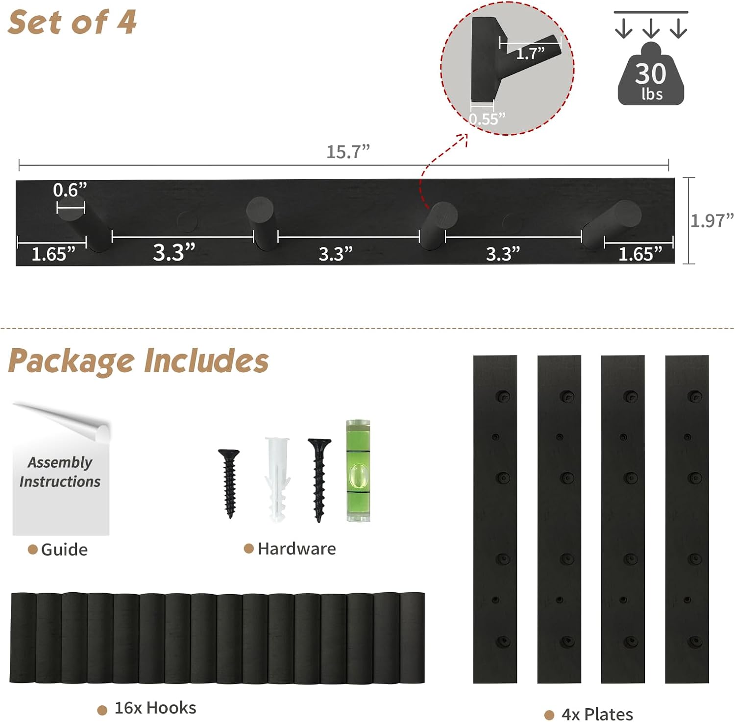 Forbena Black Coat Rack Wall Mount 4-Pack, Rustic Farmhouse Coat Hooks for Wall, Vertical Hanging Hat Rack for Office