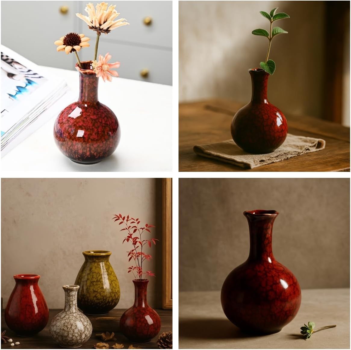 Ceramic Flower Vases Farmhouse Decor / Red / Set of 4