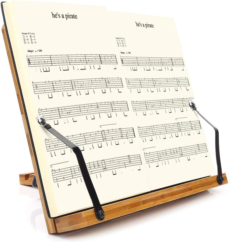 wishacc Bamboo Book Stand, Adjustable Book Holder Tray and Page Paper Clips-Cookbook Reading Desk Portable Stable