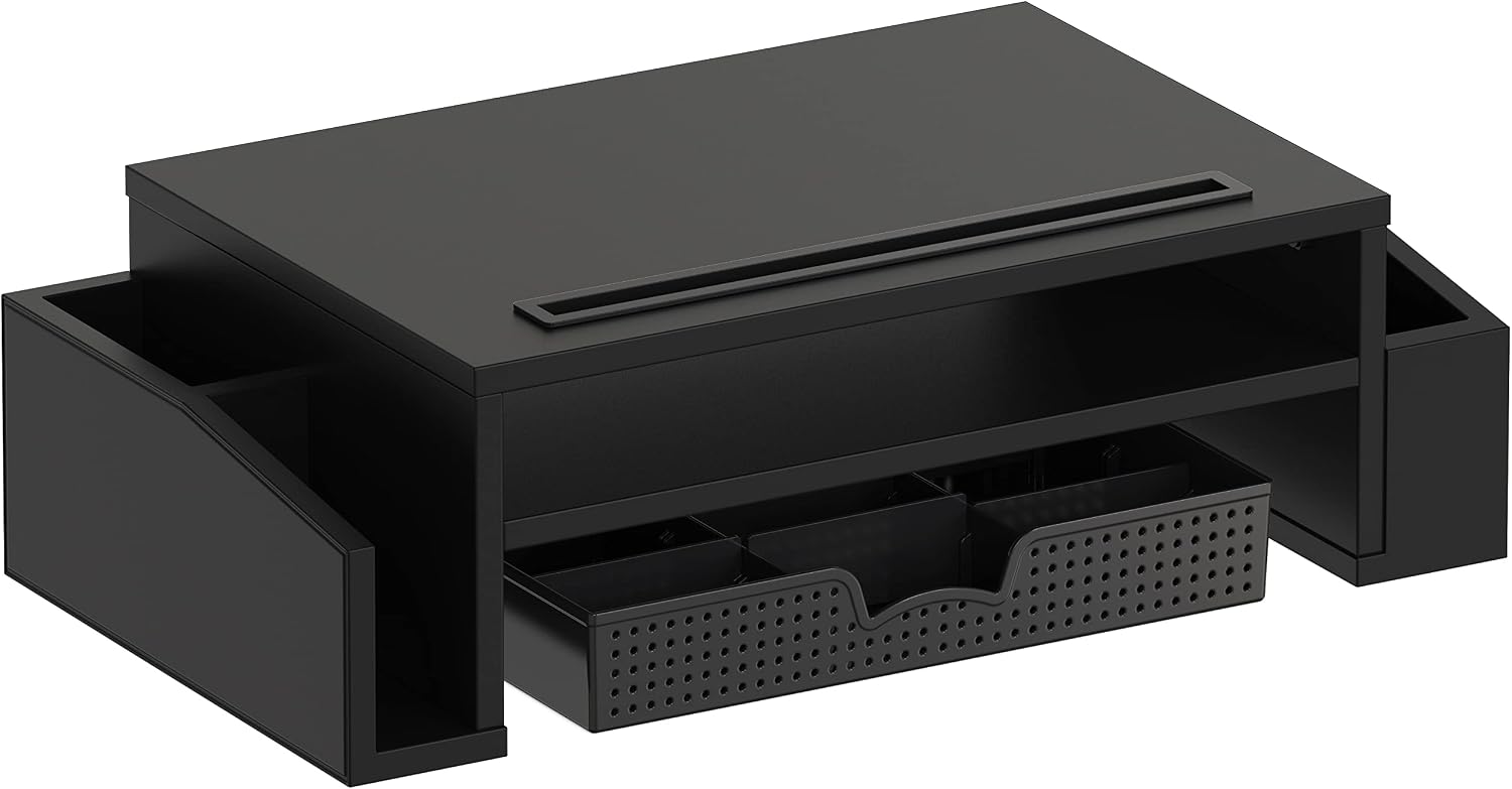 Simple Houseware Desk Monitor Stand Riser w/ Adjustable Tray, Black | Built-In Tablet Slot and Side Storage