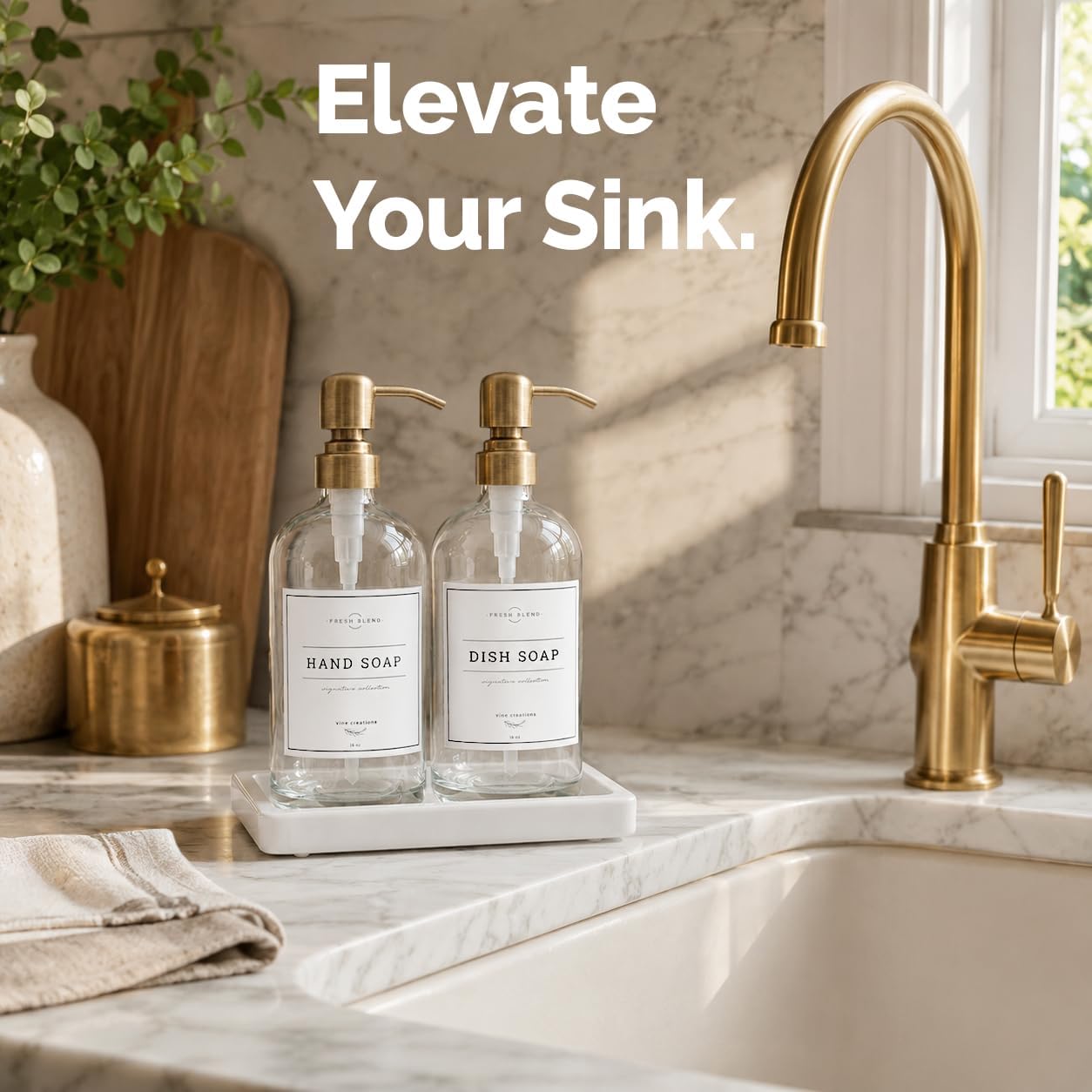 Vine Creations Glass Soap Dispenser, 2 Pack Kitchen Soap Dispenser Set with Ceramic Tray, Stainless Steel Pump, Dish