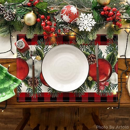 Artoid Mode Buffalo Plaid Holly Pine Cones Christmas Balls Placemats Set of 6, 12x18 Inch Seasonal Winter Table Mats for Party Kitchen Dining Decor