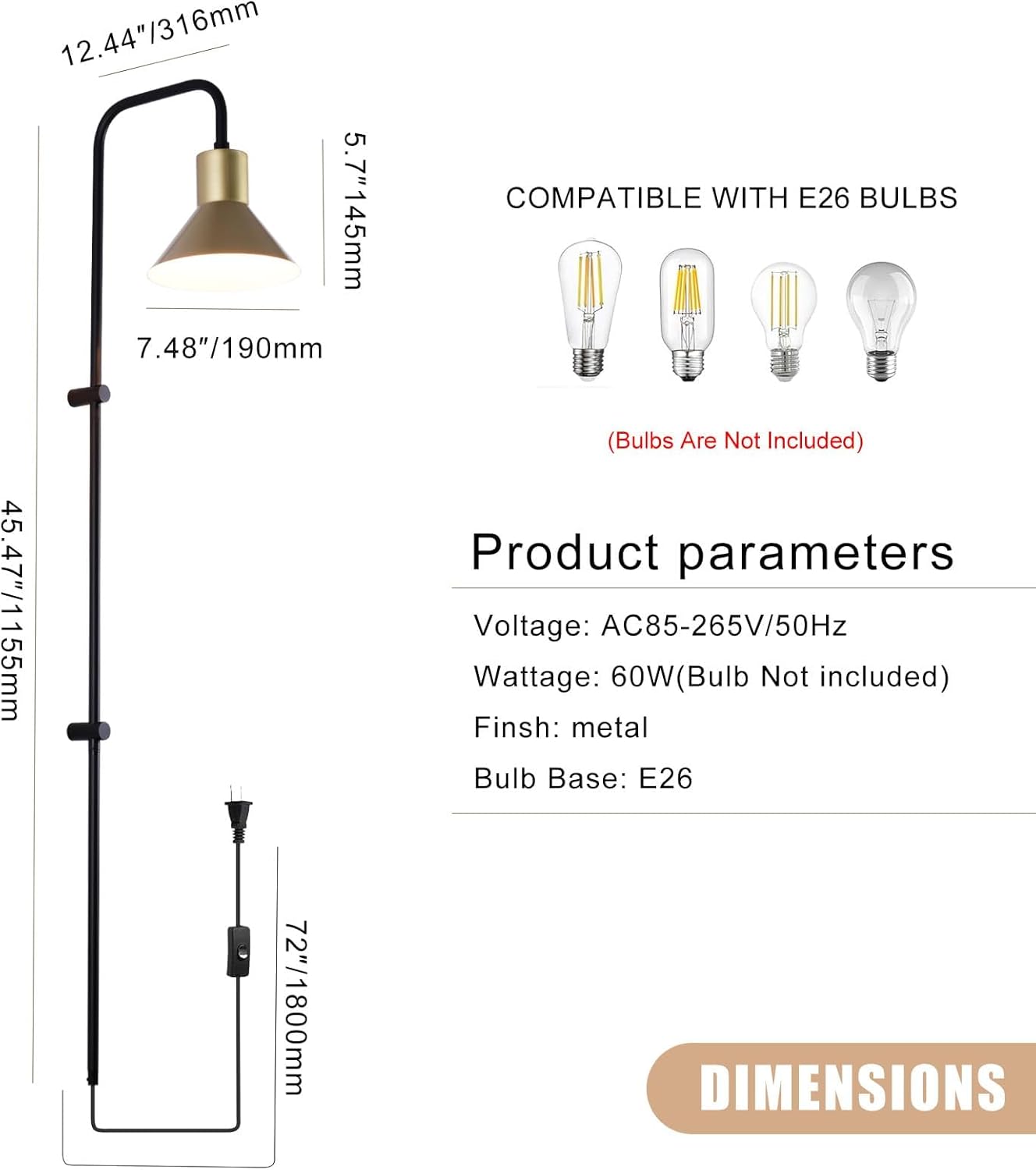 Plug in Wall Sconce with Switch, Indoor Horn Cover Wall Mounted Lamp with E26 Base, Long Wall Light for Bedroom Living