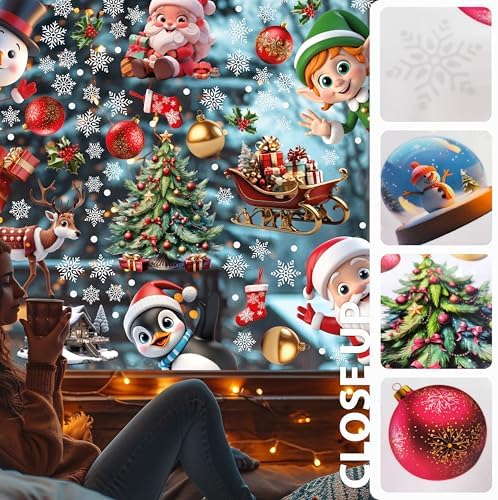 WALPLUS Christmas Window Clings - Clearance Decorations, Double-Sided Reusable Peel & Stick Removable for Glass, Living Room Xmas Peeking Santa Snowflakes, 149 Pcs