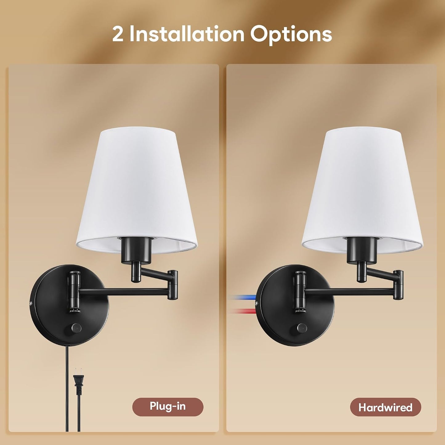 VONLUCE Wall Lamp, Plug in & Swing Arm Wall Sconce, Black Finish | Modern Wall Lights with White Fabric Shades, Plug in
