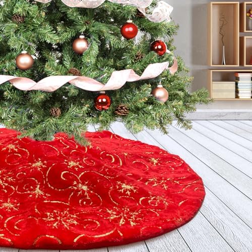 Christmas Tree Skirt Red 48 inch Gold Christmas Tree Skirt Snowflakes Faux Fur for Xmas Holiday Home Party