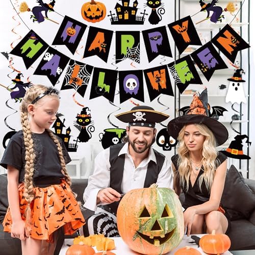 Halloween Party Decorations Happy Halloween Banner Ghost Pumpkin Witches Hanging Swirls Spooky Ceiling Hanging Streamers for Home Indoor Outdoor Halloweens Theme Party Decorations
