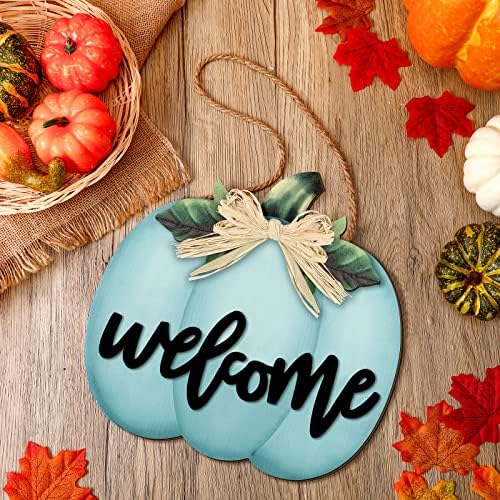 Jetec Fall Door Decor, Wooden Fall Pumpkin Welcome Sign Hanger, Dusty Blue