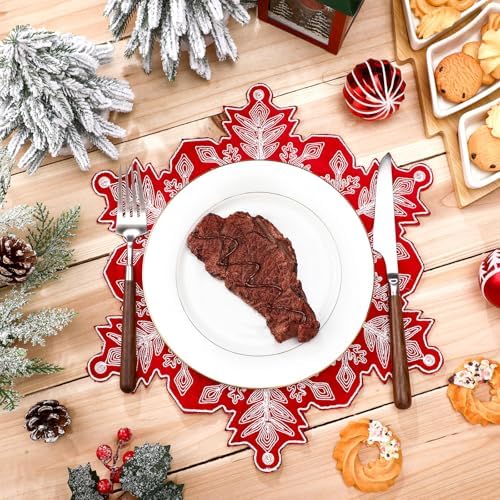 HunnmingRe Christmas Snowflake Placemats Set of 6 Embroidered Snowflake Table Mats 14 Inch Velvet Red Christmas Table Decorations Xmas Washable Placemats for Xmas Holiday Tabletop Home Dining Kitchen