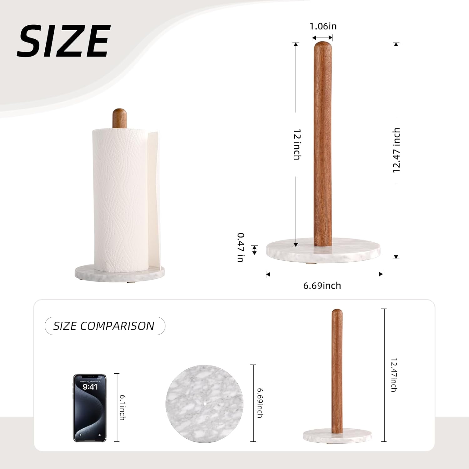 Acacia Wood & Marble Paper Towel Holder – Freestanding Paper Towel Holder for Countertop, Weighted for One-Handed Use