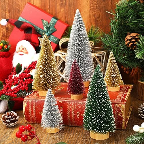 Whaline 16Pcs Artificial Mini Christmas Tree Snow Frosted Trees Red Green Gold Silver Bottle Brush Trees Desktop Mini Pine Tree with Wood Base for Xmas Home Office Tabletop Crafts, 3 Sizes