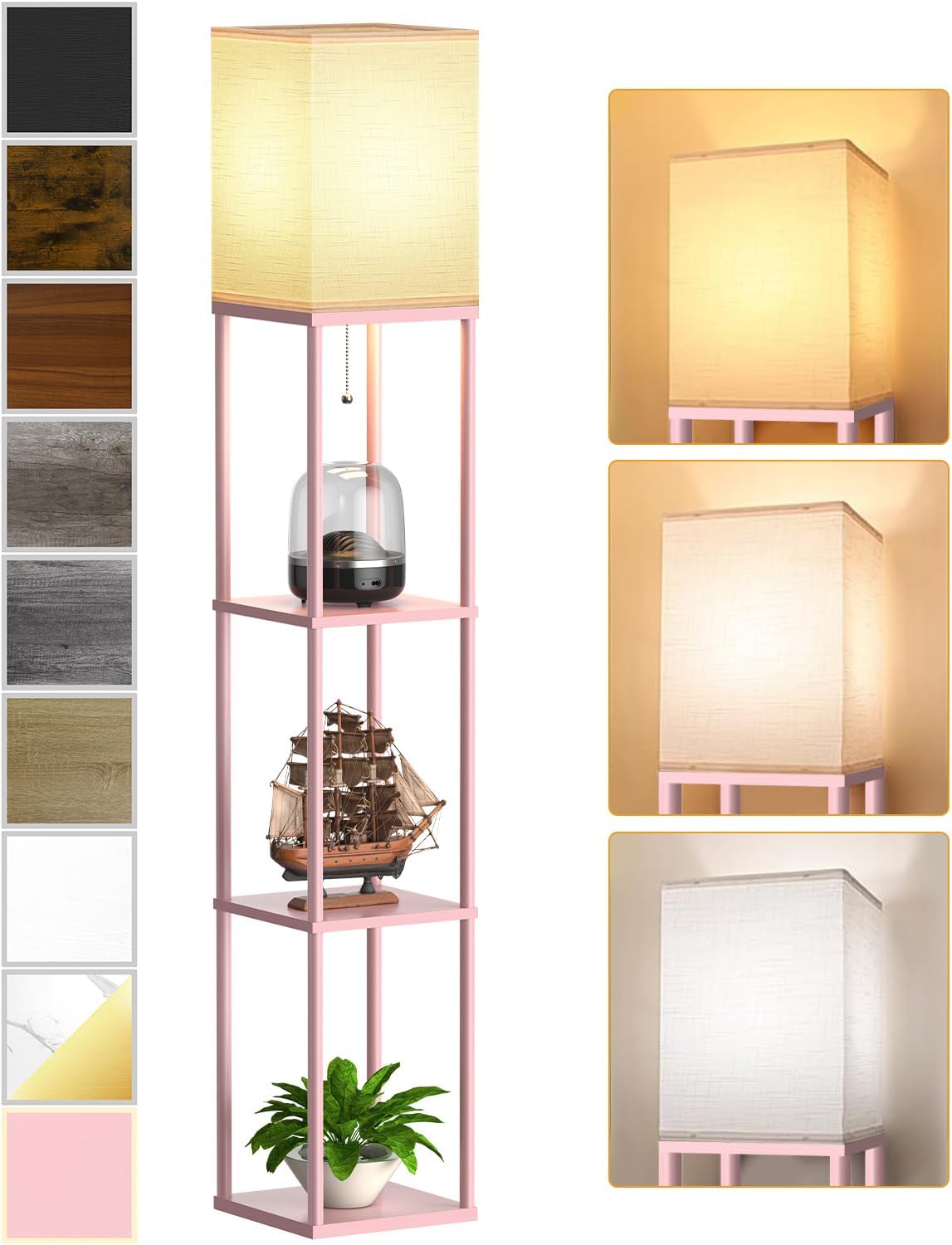 Pink Floor Lamp with Shelves for Living Room, Shelf Floor Lamp with 3 CCT LED Bulb, Corner Display Standing Column Lamp