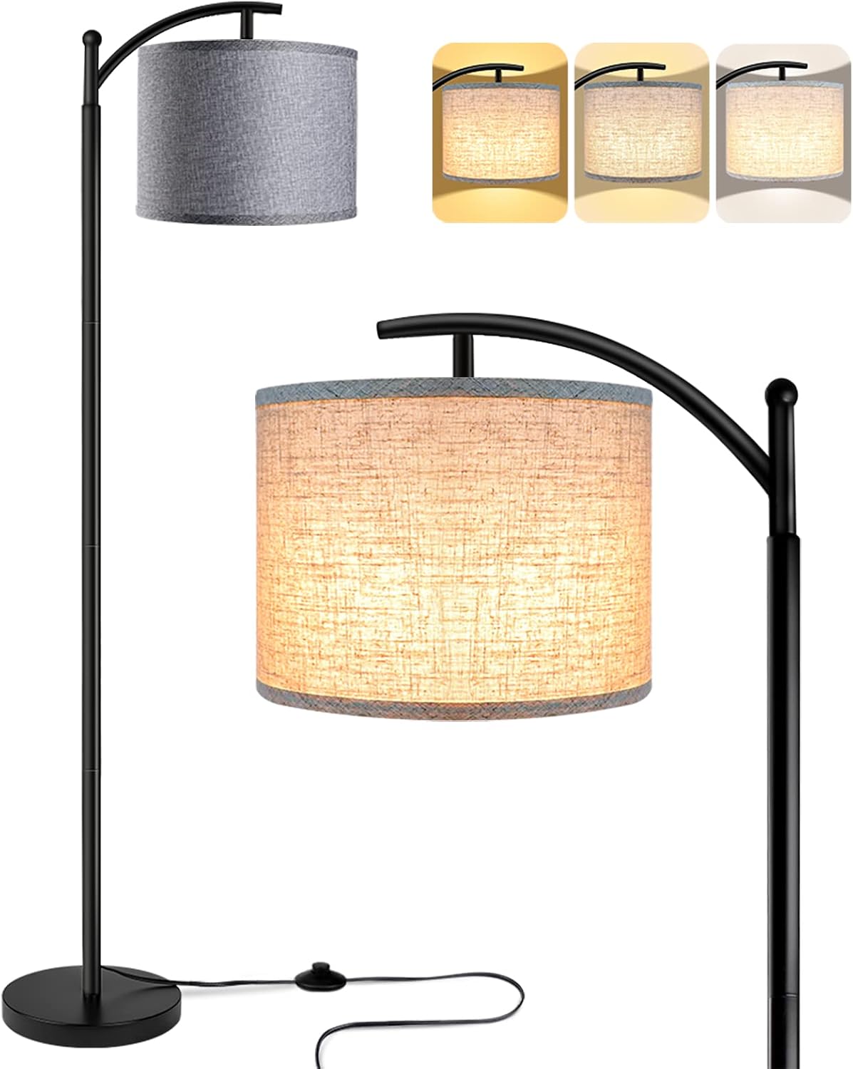 ROTTOGOON Floor Lamp with 3CCT LED Bulb, Gray Linen Lamp Shade for Living Room, Modern Standing Lamp for Bedrooms