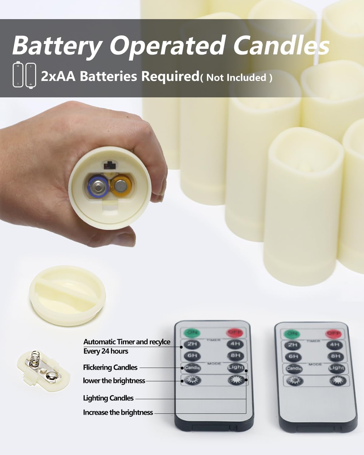 Flameless Candles, LED Flickering Candles Set of 10 (H 4" 5" 6" 7" xD 2.2") Waterproof Candles, Resin Plastic, Indoor