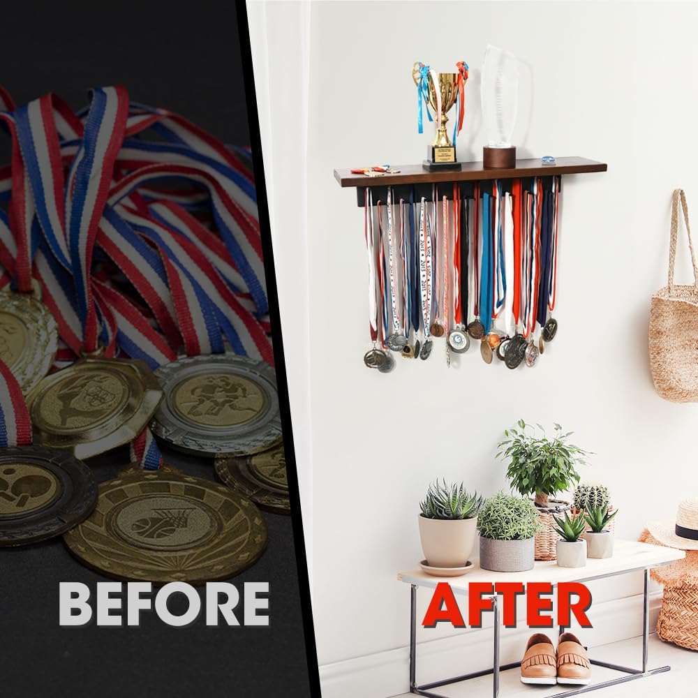 J JACKCUBE DESIGN Medal Display Hanger and Trophy Shelf with 39 Hooks, Wall Mounted Marathon Race Sports Gymnastics