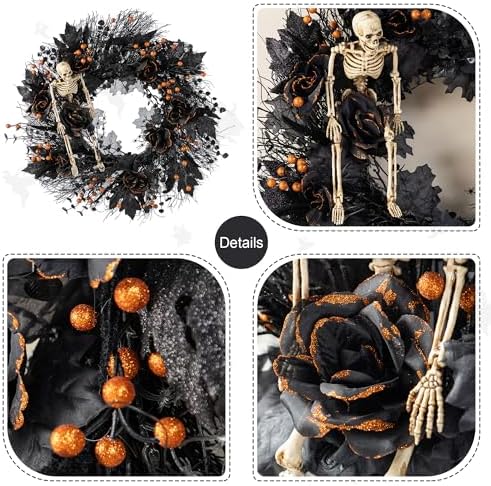 Glitzhome Halloween Wreath and Teardrop Swag Set, 3 Piece Black Rose Collection with a Spooky Lighted Bat Wreath and Swag, Elegant Gothic Floral Decor for Door, Mantle or Wall