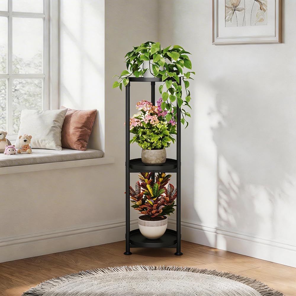 3 Tier Plant Stand Indoor Outdoor - 34'' Extra-Tall Metal Plants Multiple Tiered Plant Shelf Vertical Black
