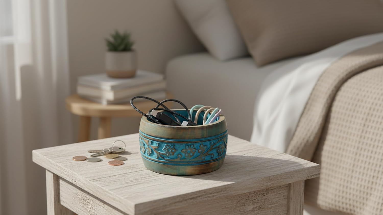 Handmade " Decorative Mango Wood Snack Serving Bowl For Dry Fruits Chips / Blue Wash Finish / 5 x 3