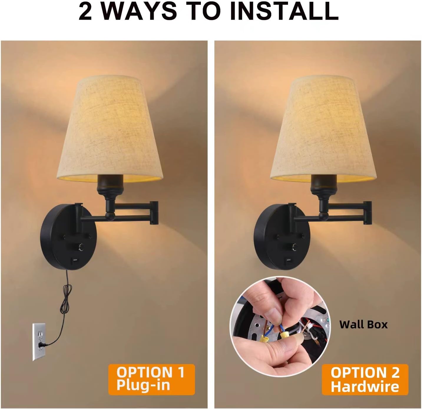 Bedside Wall Mount Light with Dimmable Switch and USB Port, Black Wall Sconce Light with Swing Arm and Plug in Cord