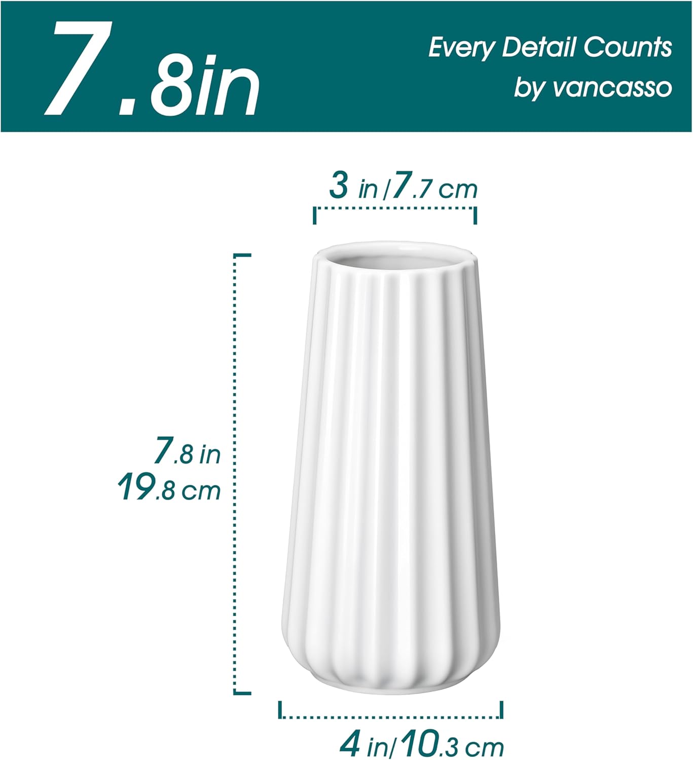 Ceramic Vase / Modern Ribbed Glossy Decorative Vase / White / 7.8 Inch