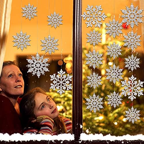 46Pcs Plastic Snowflake Ornament Christmas Glitter Snowflake Hanging Christmas Tree Decorations with Silver Rope for Winter Decorations Tree Window Door Accessories (Silver)