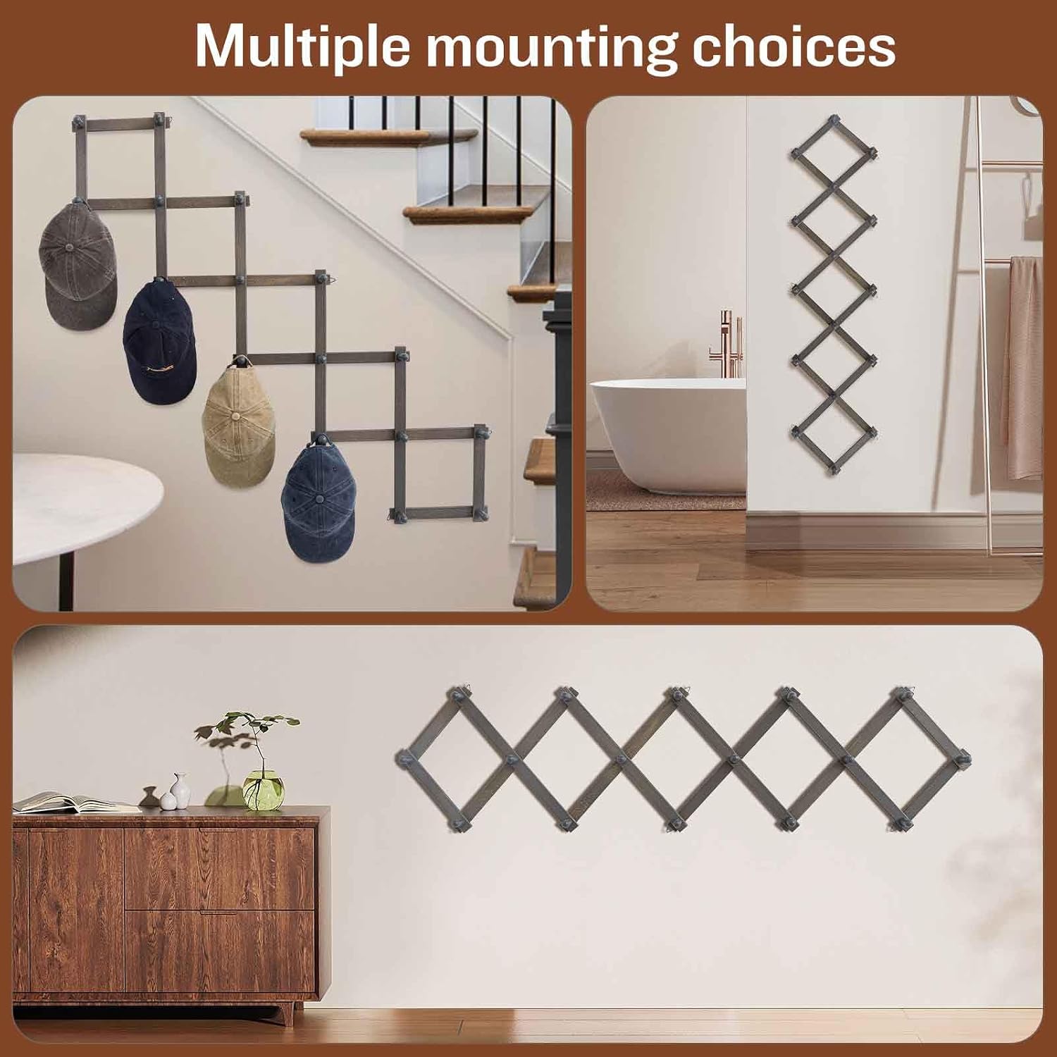 SCUNDA Rustic Wall Mounted Hat Rack with Space Saving Accordion Design, Expandable Hat Holder with 16 Wood Hooks