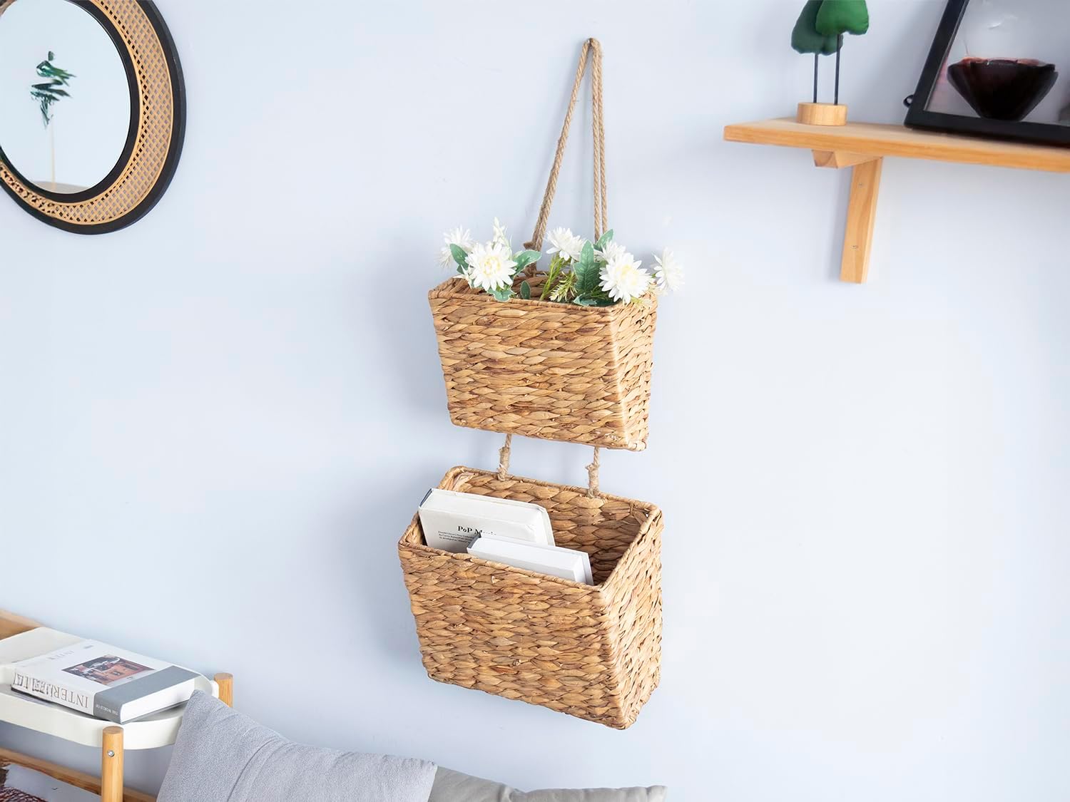 Woven Water Hyacinth Hanging Basket 2-Tiered Storage Baskets Hanging Organizer Hanging / Trapezoid