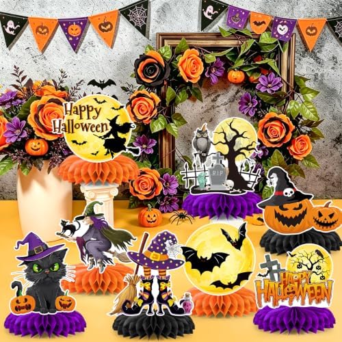 12Pcs Halloween Party Decorations Halloween Honeycomb Centerpieces for Table Double Side Spooky Witches Pumpkins Ghosts Table Centerpieces for Halloween Party Home Indoor Office Supplies Decorations