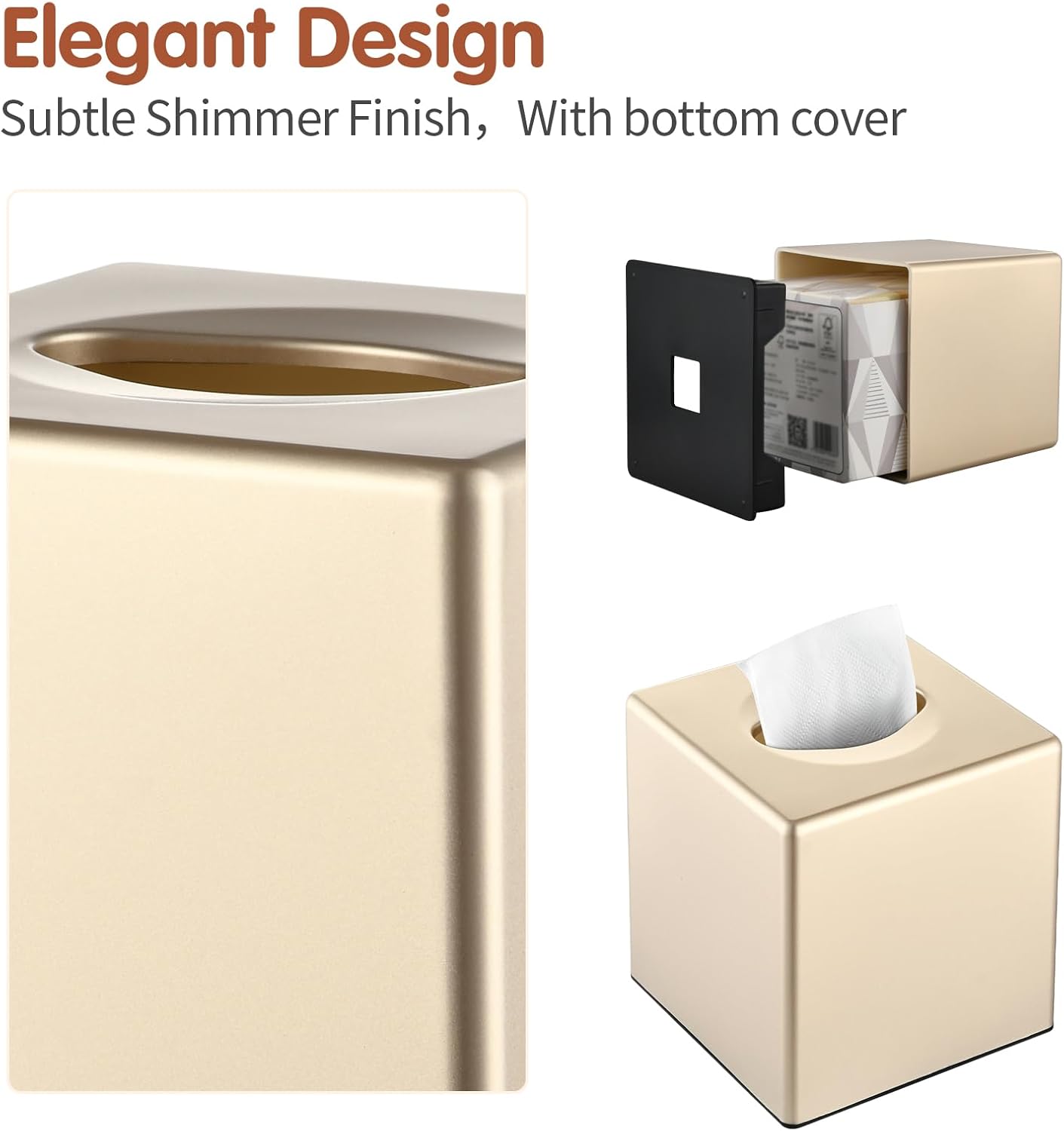 Decorative Modern Square Facial Storage Tissue Box Holder / Champagne Gold
