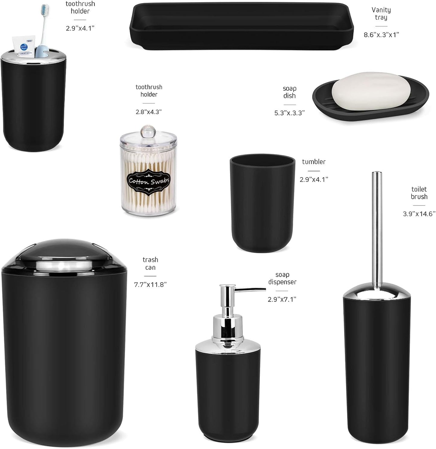 IMAVO Bathroom Accessories Set,Black Bathroom Set,9 Pieces Bathroom Accessory Set,Tray,Qtip Holders,Toilet Brush,Trash