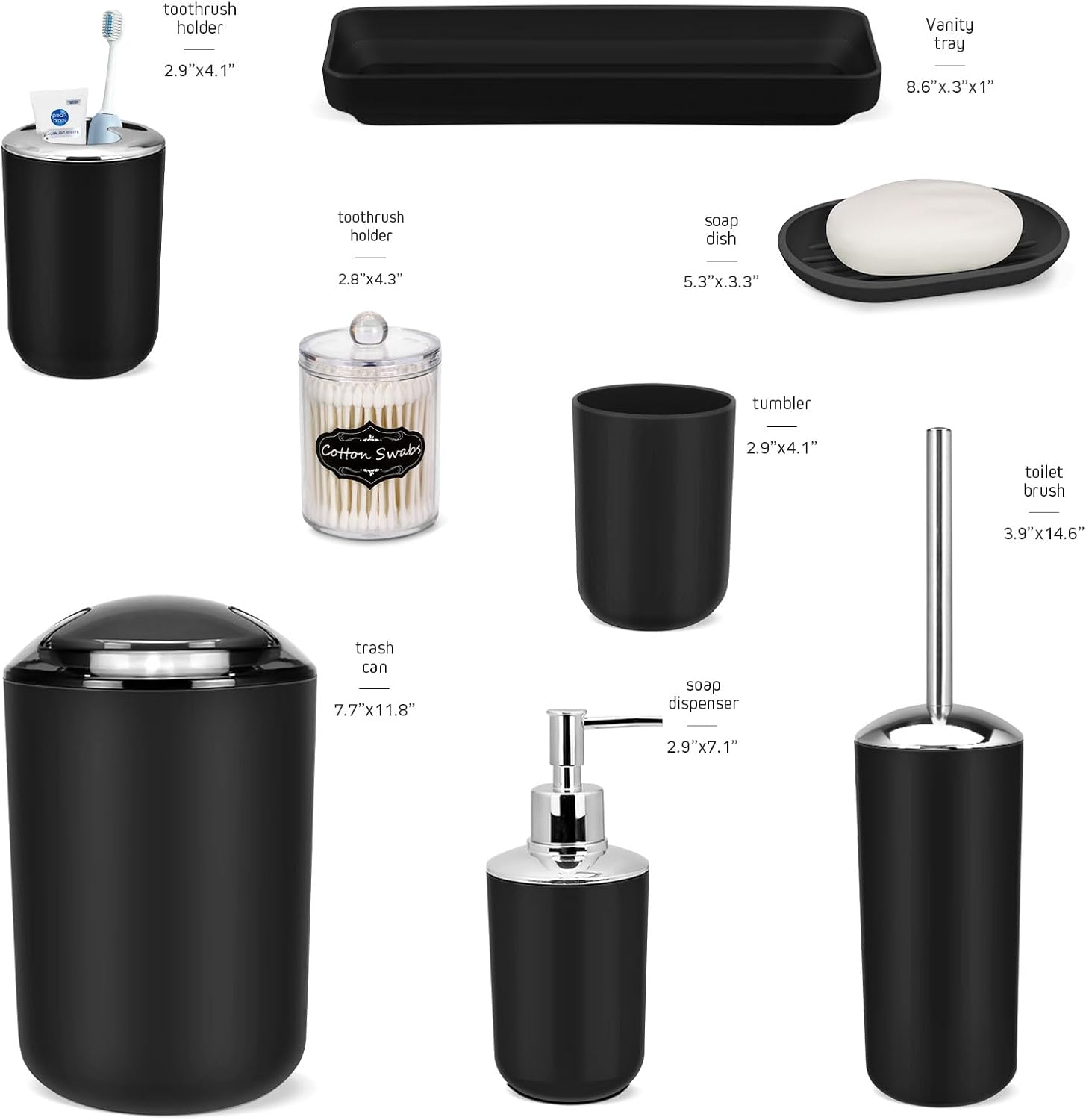 IMAVO Bathroom Accessories Set,Black Bathroom Set,9 Pieces Bathroom Accessory Set,Tray,Qtip Holders,Toilet Brush,Trash